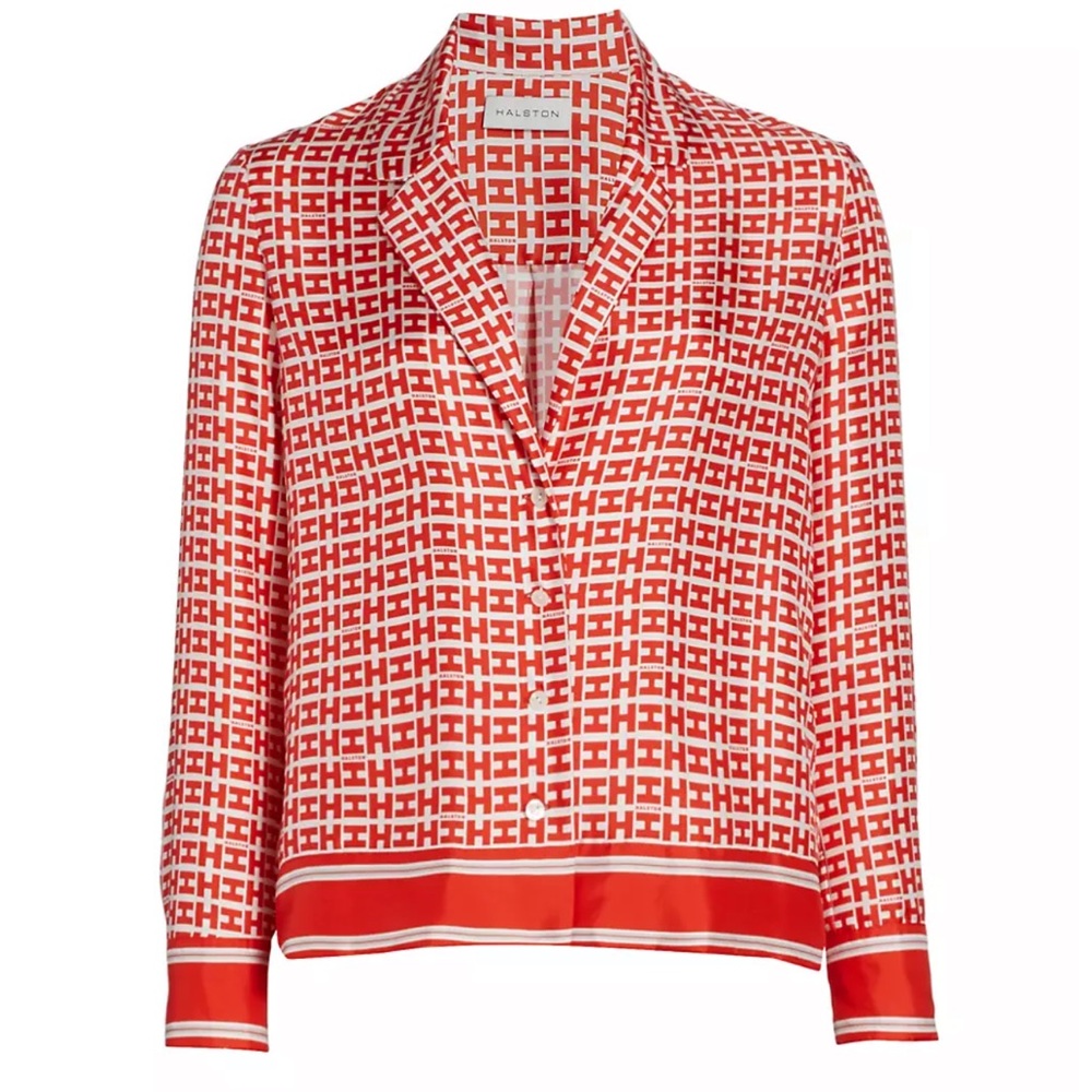 Vermillion Halston Silk Logo Print Blouse size 12